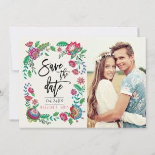 Bohemian Turquoise Stripe Folk Flowers Foto Save The Date