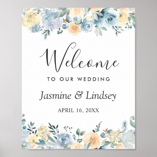 Bohemian Vanilla Blue Floral Wedal Welcome Sign Poster (Voorkant)