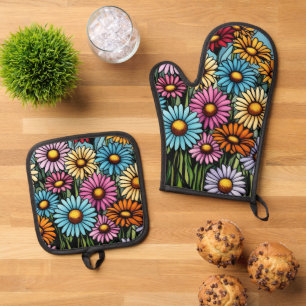 Bohemian Vibrant Daisies - Glas in lood Look Ovenwant & Pannenlap Set