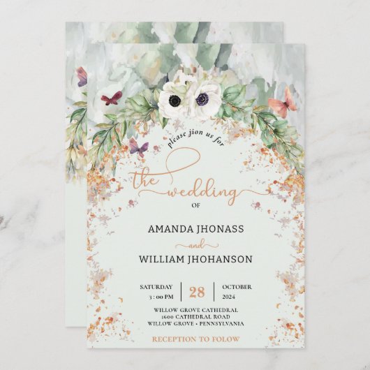 Bohemian weelderige groen boog gouden tuin bruilof kaart (Voorkant / Achterkant)