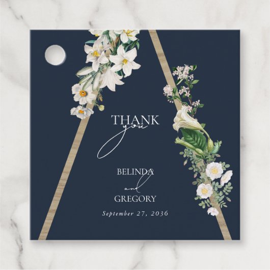 Bohemian Wood Pyramid Wit Bloemen Blauw Bruiloft Bedankjes Labels (Voorkant)