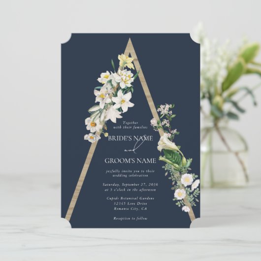 Bohemian Wood Pyramid Wit Bloemen Blauw Bruiloft Kaart (Staand voorkant)