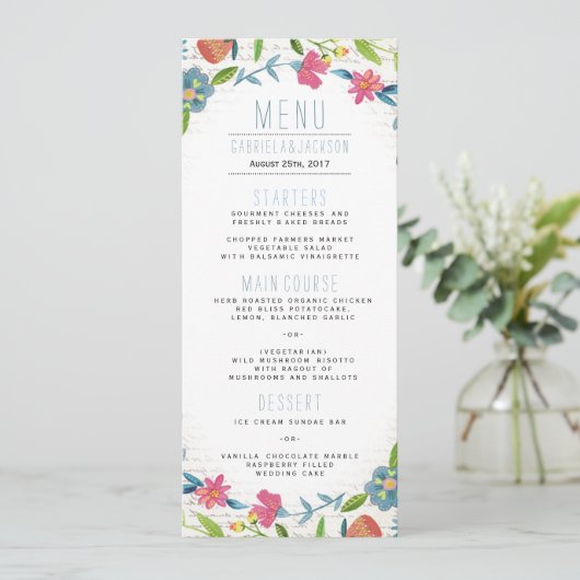 Bohemienblauw en roze Floral waterverf Weddenschap Menu (Staand voorkant)