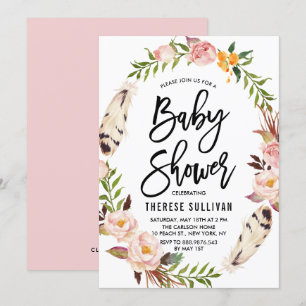 Bohemienveren en Floral Wreatinroze Baby shower Kaart