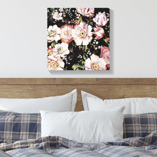 bohemisch oogbolroze bloemen donkerbloem canvas afdruk (Insitu (Slaapkamer))