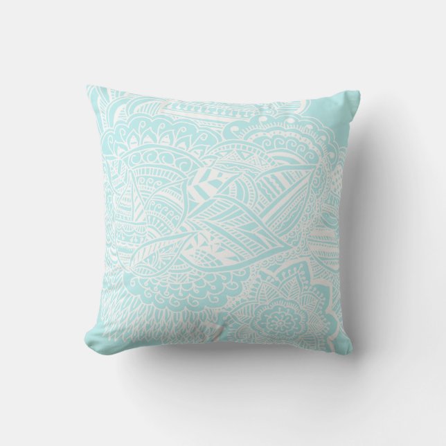 Bohemische hand Drawn Doodle Mint Blue Kussen (Voorkant)