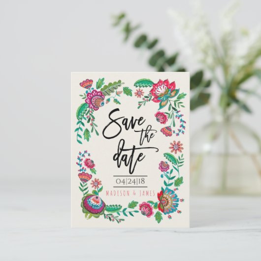 Bohemische rode en groene folkbloemen | Datum opsl Aankondigingskaart (Staand voorkant)