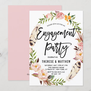 Bohemische veren en Floral Wreate Engagement Party Kaart
