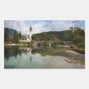 Bohinj meer en kerk, Slovenië rechthoek sticker