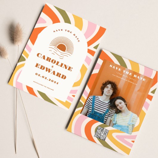 Boho 70s Groovy Golvende Zon Opslaan Datum QR-code Save The Date