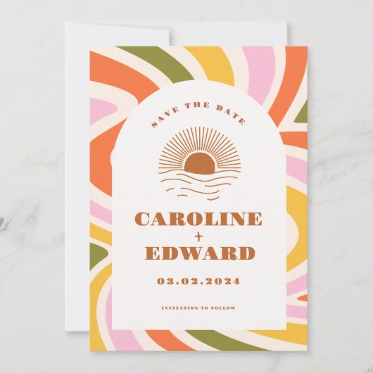 Boho 70s Groovy Wavy Sun Save the Date Qr Code (Voorkant)