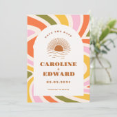 Boho 70s Groovy Wavy Sun Save the Date Qr Code (Staand voorkant)