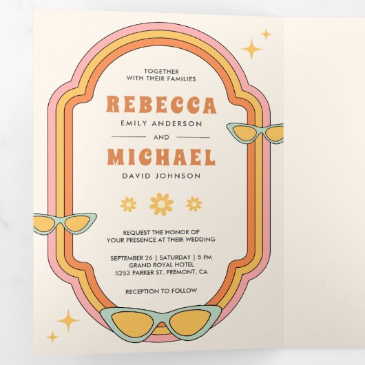 Boho 70s Retro Kleurrijke Groovy Lijst Wedding Drieluik Uitnodiging (Binnenzijde eerst)