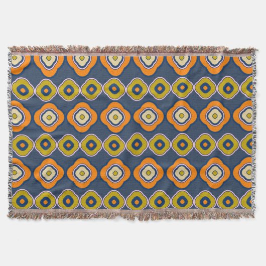Boho 70s Retro Shapes Pattern Blue Oranje Deken (Voorkant)