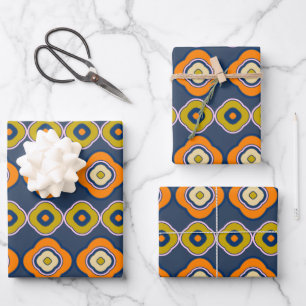 Boho 70s Retro Shapes Pattern Blue Oranje Inpakpapier Vel