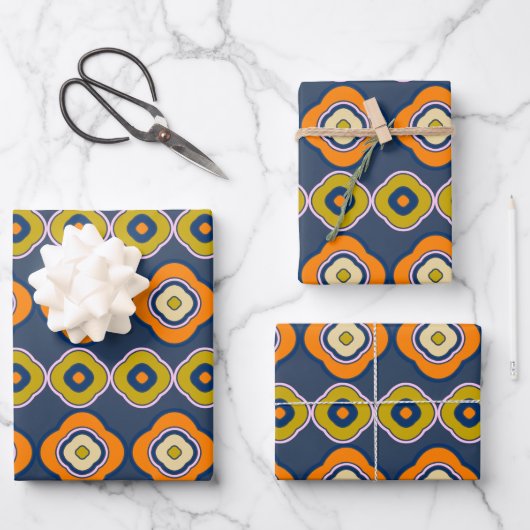 Boho 70s Retro Shapes Pattern Blue Oranje Inpakpapier Vel (Voorkant)