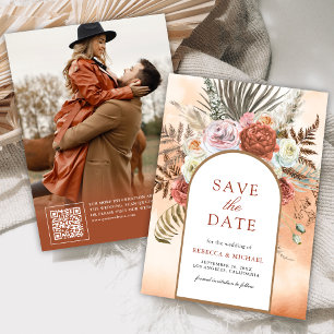 Boho Aardse Bloemige Terracotta Trouwfoto Save The Date
