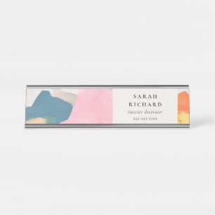 Boho Abstract Berglandschap Roze Blauw Oranje Bureau Naambordje