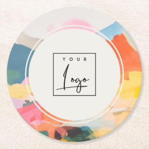Boho Abstract Berglandschap Roze Blauwe Logo Ronde Kartonnen Onderzetter