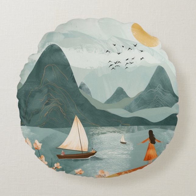 Boho Abstract landschap (11) Rond Kussen (Voorkant)