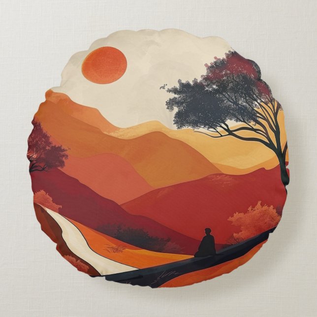 Boho Abstract landschap (19) Rond Kussen (Voorkant)