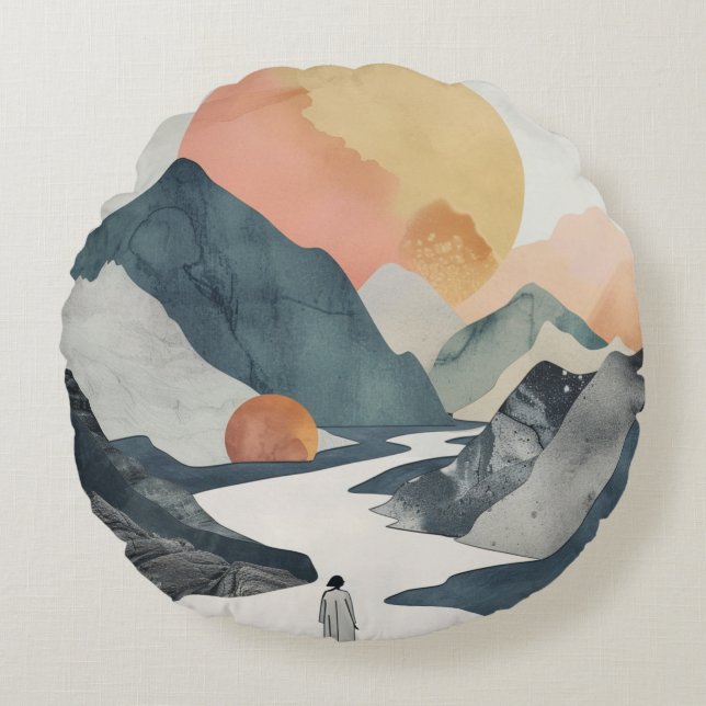 Boho Abstract landschap (2) Rond Kussen (Voorkant)