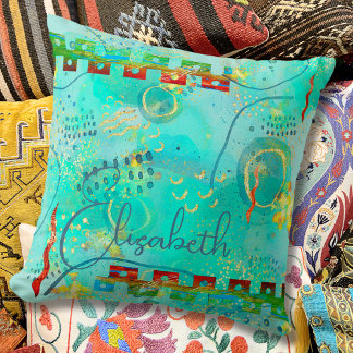 Boho Abstract Mayan Turquoise & Golden Misty Kussen