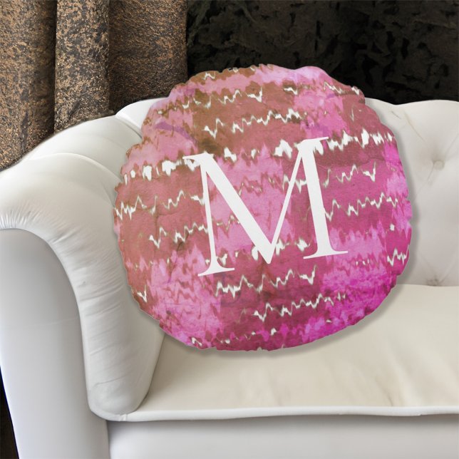 Boho Abstract roze stropdas kleurstofpatroon monog Rond Kussen (Boho Abstract Pink Tie Dye Pattern Monogrammed Round Pillow)