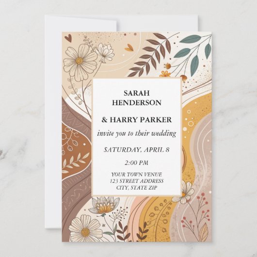 Boho Abstracte Beige Bloemen Huwelijk Kaart (Voorkant)