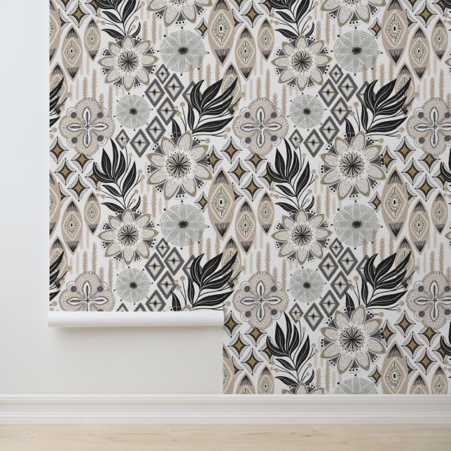 Boho Abstracte Vormen Grijs & Wit Behang (Applicatie)