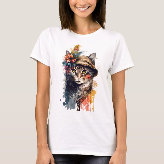 BOHO ABSTRACTE WATERVERF CAT MET STROMEN T-SHIRT (Voorkant)