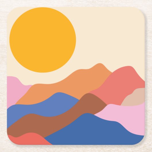 Boho Aesthetisch Abstract Landschap Mountains Blue Vierkante Kartonnen Onderzetter (Voorkant)