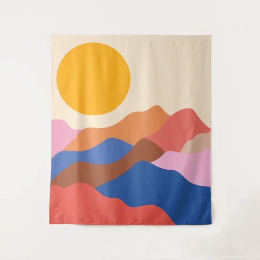 Boho Aesthetisch Abstract Landschap Mountains Blue Wandkleed (Voorkant)