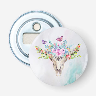 Boho Animal Skull met Butterflies en Flowers Button Flesopener