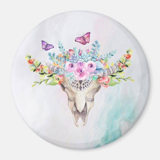Boho Animal Skull met Butterflies en Flowers Magneet (Voorkant)