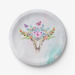 Boho Animal Skull met Butterflies en Flowers Papieren Bordje
