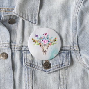 Boho Animal Skull met Butterflies en Flowers Ronde Button 7,6 Cm