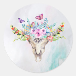 Boho Animal Skull met Butterflies en Flowers Ronde Sticker