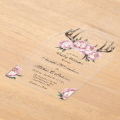 Boho Antler met Pink Pioenenbruiloft Acryl Uitnodigingen (Laagn)