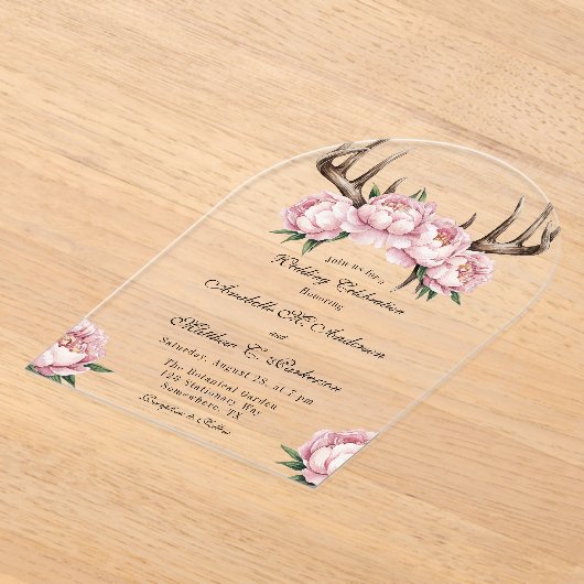 Boho Antler met Pink Pioenenbruiloft Acryl Uitnodigingen (Laagn)