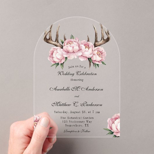 Boho Antler met Pink Pioenenbruiloft Acryl Uitnodigingen (Insitu (Draagbaar))