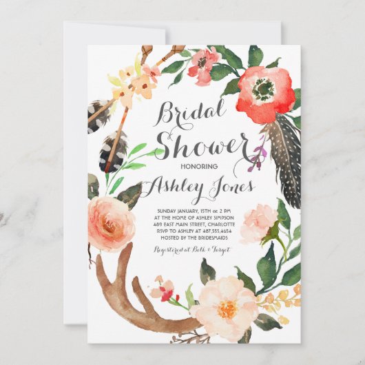 Boho antler succulents Bridal Shower Invitation (Devant)