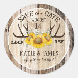 Boho Antler Zonnebloemen Hout Save the Date Ronde Sticker
