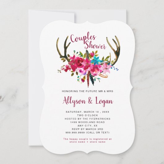 Boho Antlers Fuchsia Roze Bloemen Koppels Douche Kaart (Voorkant)