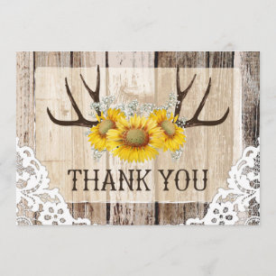Boho Antlers Rustic Wood Sunflower Dankuwel Bedankkaart