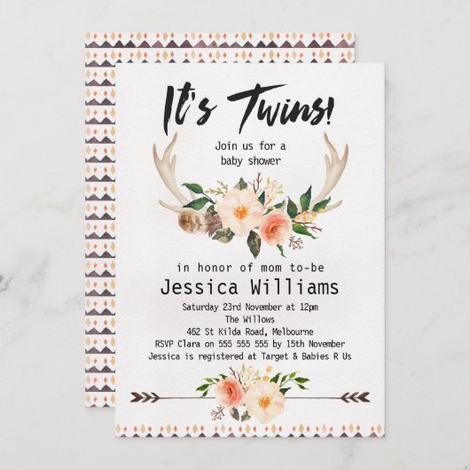 Boho Antlers Twins Baby shower Invitation (Devant / Derrière)