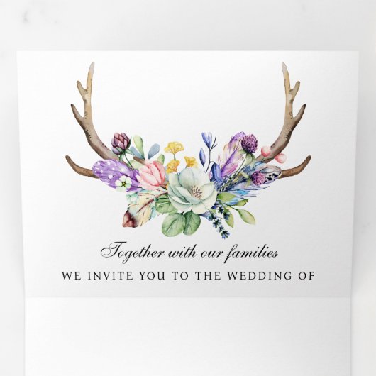 Boho Antlers Wilde Floral QR Code Weddenschap Drieluik Uitnodiging (Binnenzijde eerst)