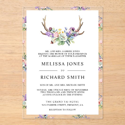 Boho Antlers Wildflower Wedding Acryl Uitnodigingen (Voorkant)