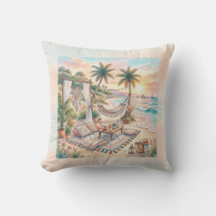 Boho Aquarel Tropisch Strand Zonsondergang Picknic Kussen