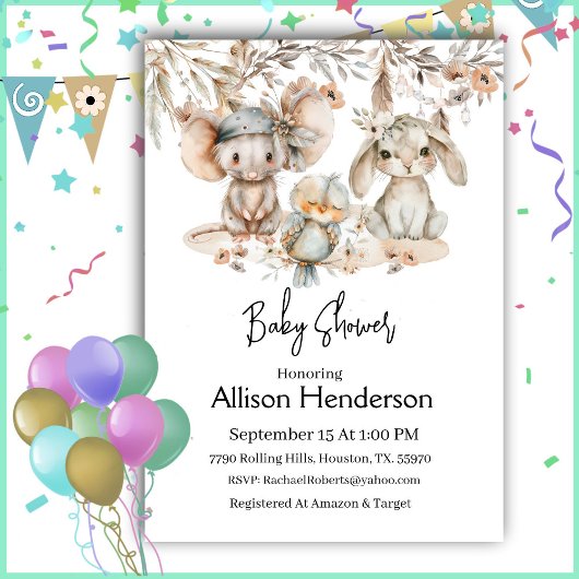 Boho Aquarelle Animal Baby shower Invitation